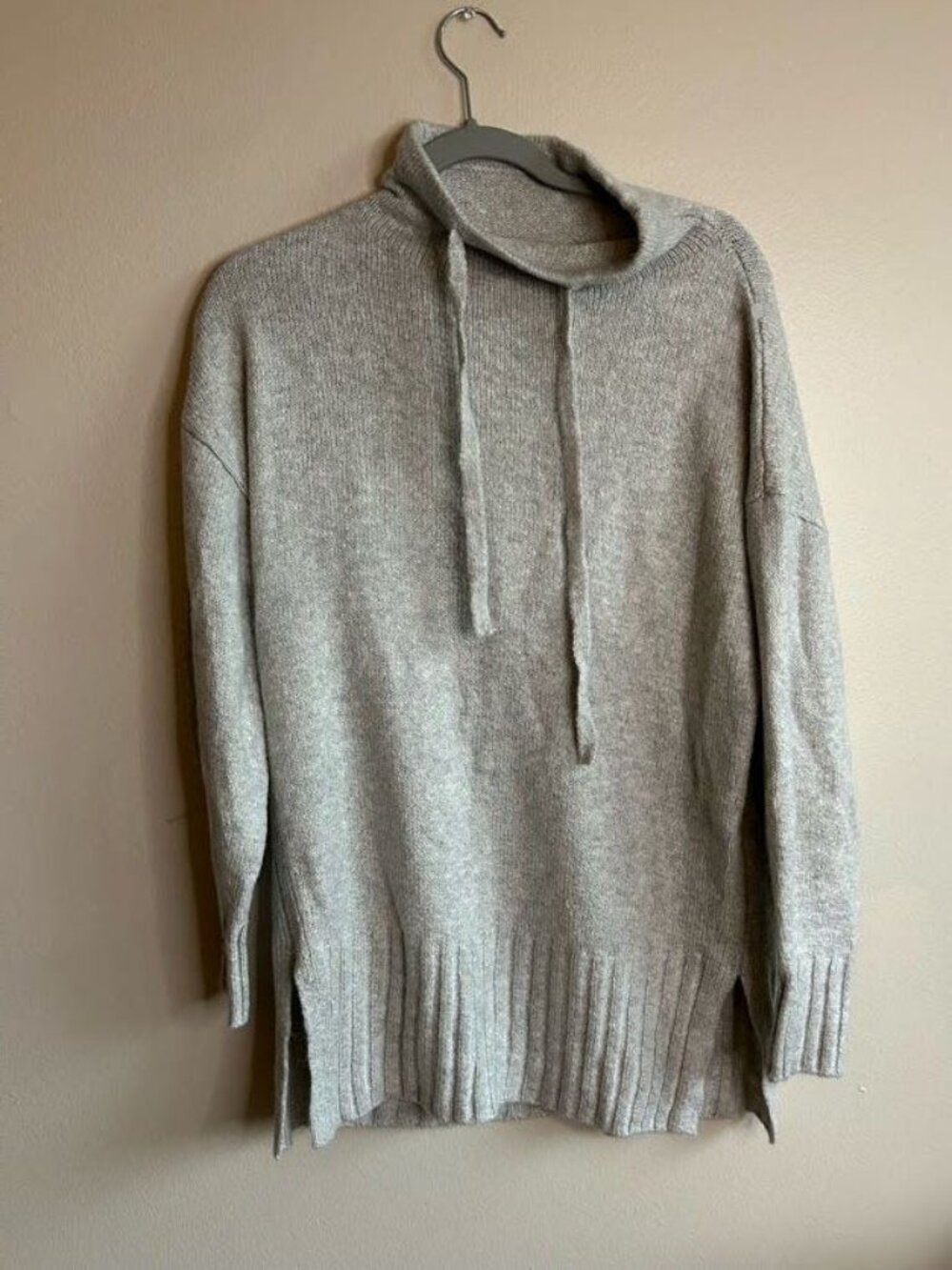 Lou Grey Sweater Womens Medium Drawstring Cowl Neck Drop Shoulder Split Hem